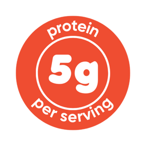Circular icon with 'protein 5g per serving' text on a white background