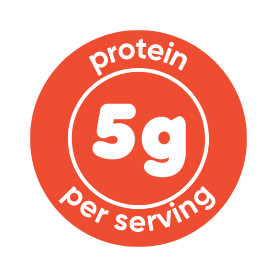 Circular icon with 'protein 5g per serving' text on a white background