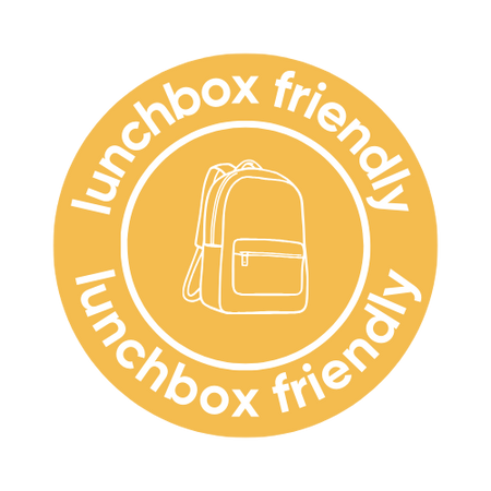 Yellow circle with 'lunchbox friendly' text and a backpack icon on a white background
