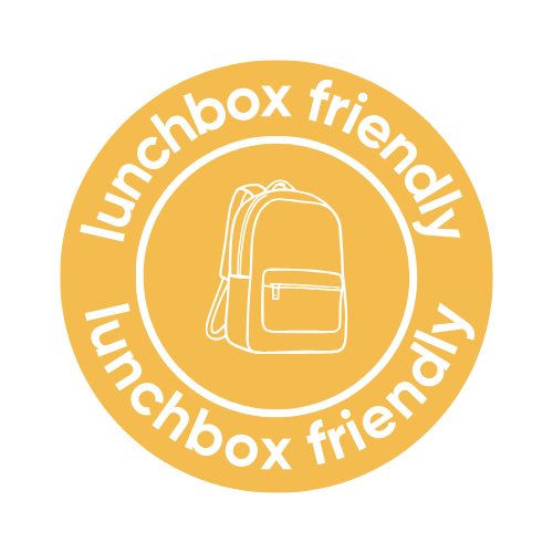 Yellow circle with 'lunchbox friendly' text and a backpack icon on a white background