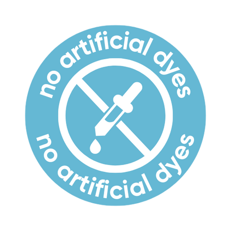 Logo with a dropper icon and 'no artificial dyes' text on a blue background