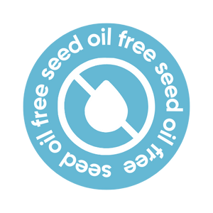 Circular logo with 'seed oil free' text and a droplet symbol on a white background