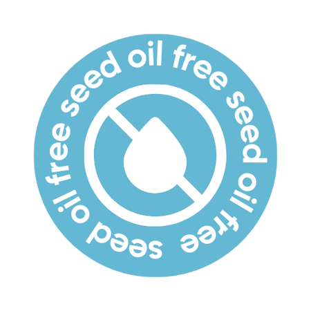 Circular logo with 'seed oil free' text and a droplet symbol on a white background