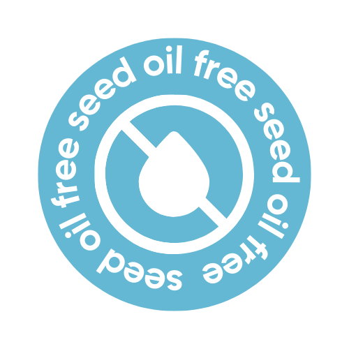 Circular logo with 'seed oil free' text and a droplet symbol on a white background