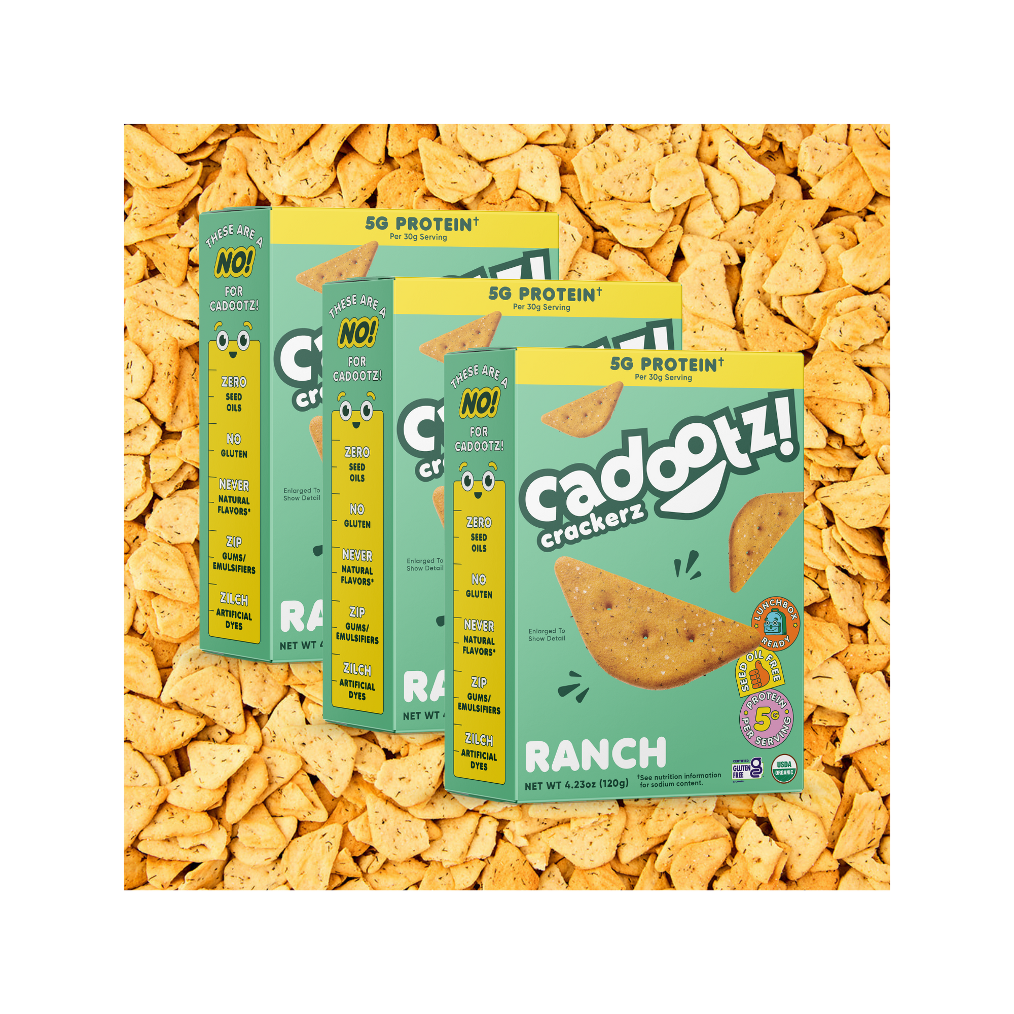 Three Boxes of cadootz! crackerz Ranch flavor on a cracker background